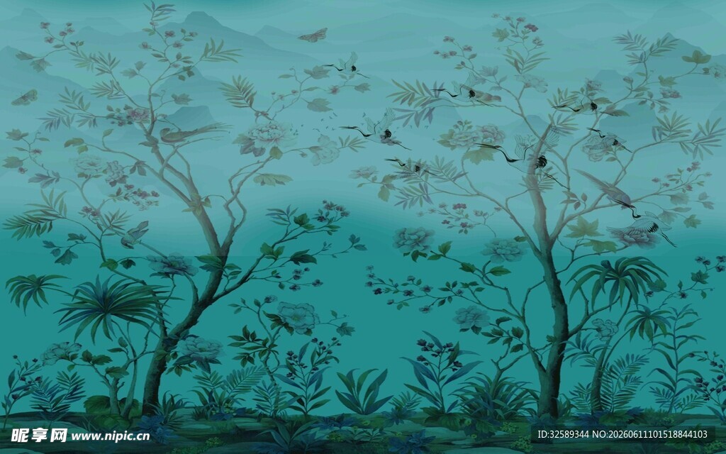 梦幻蓝绿调树木风景图