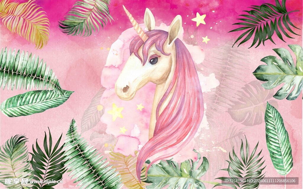 梦幻独角兽与绿植画面