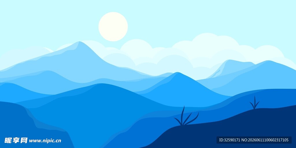 蓝色山水插画