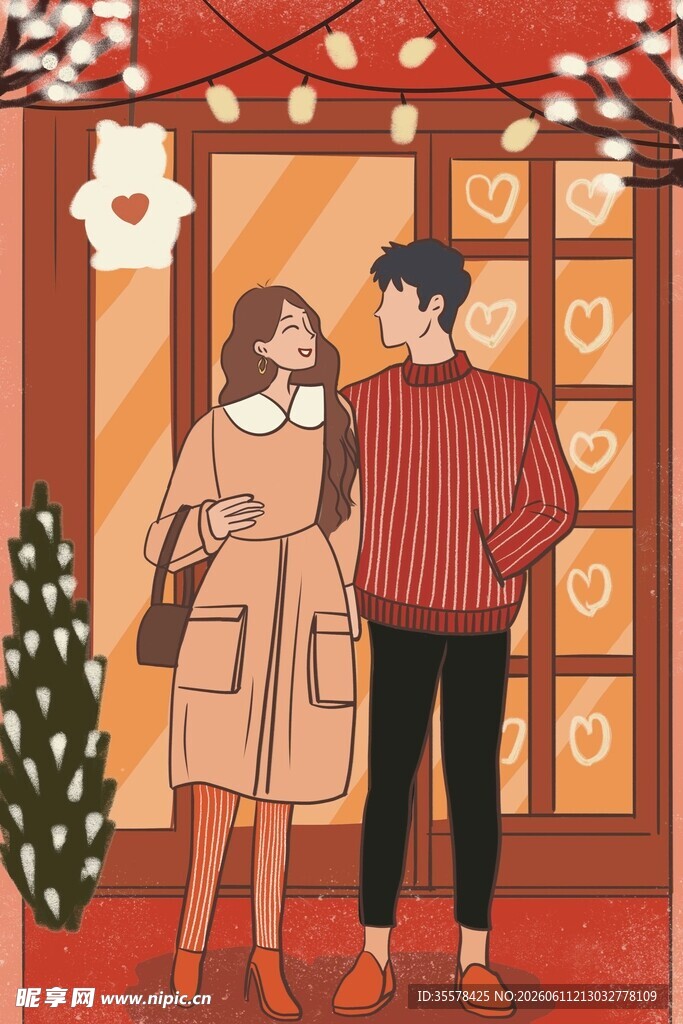 原创情人节圣诞节情侣温馨插画