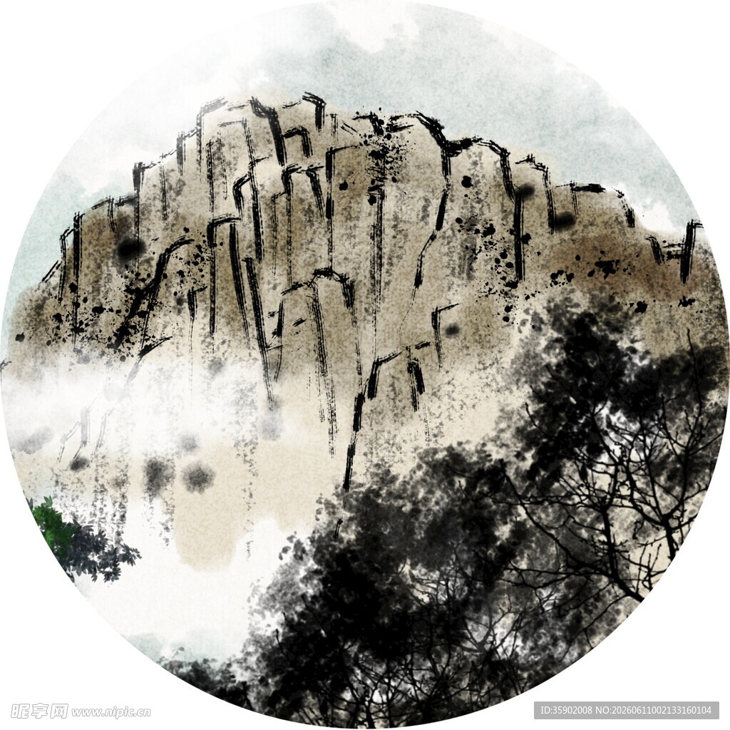 水墨山水圆形画作