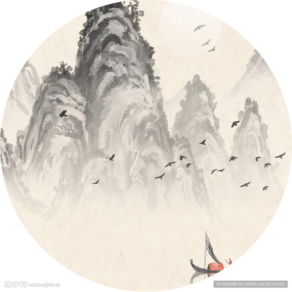 水墨山水间飞鸟孤舟图