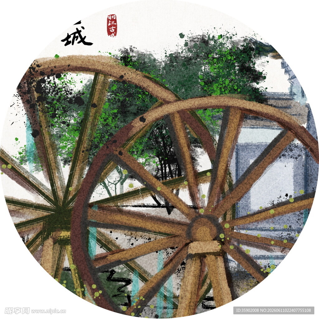 古风木质水车景观