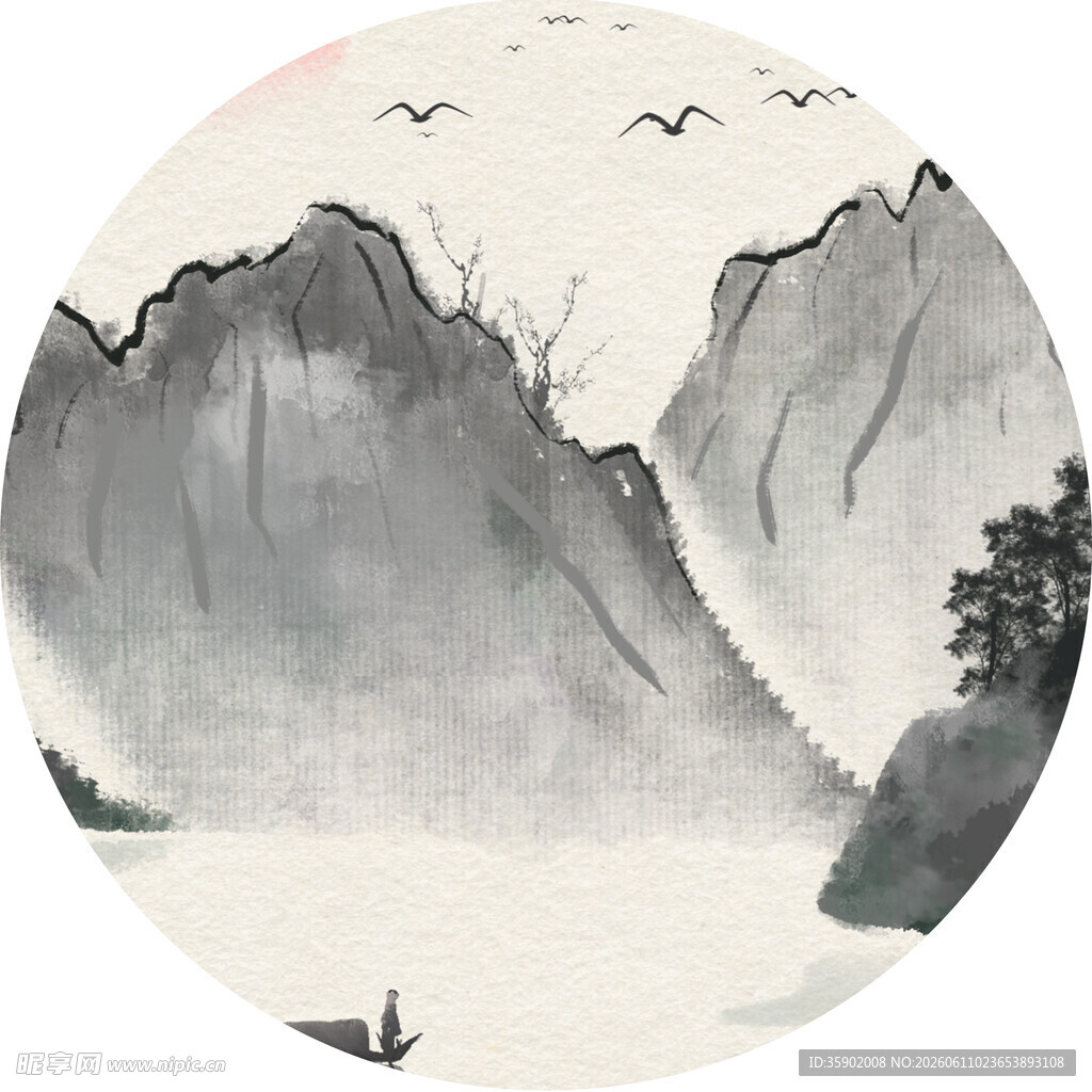 水墨山水间孤舟泛江景