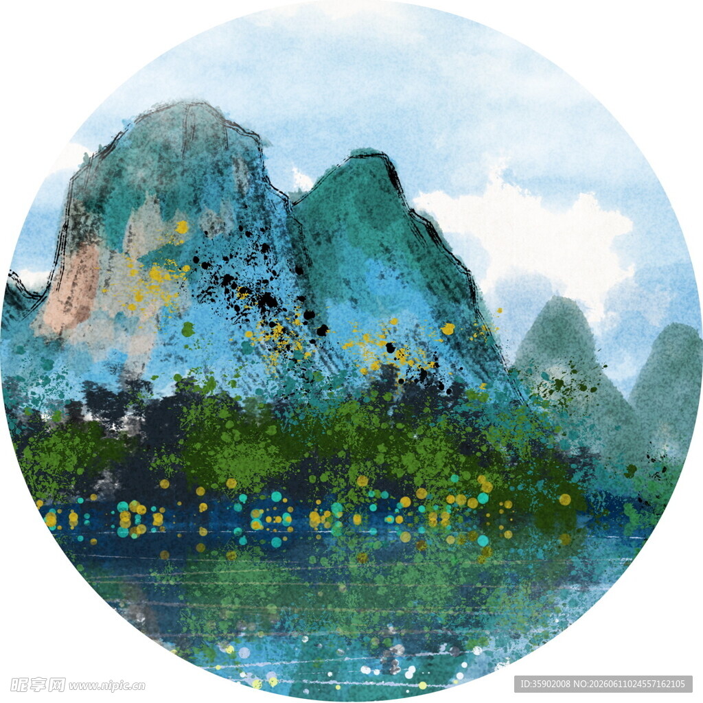 水墨山水圆形画作欣赏