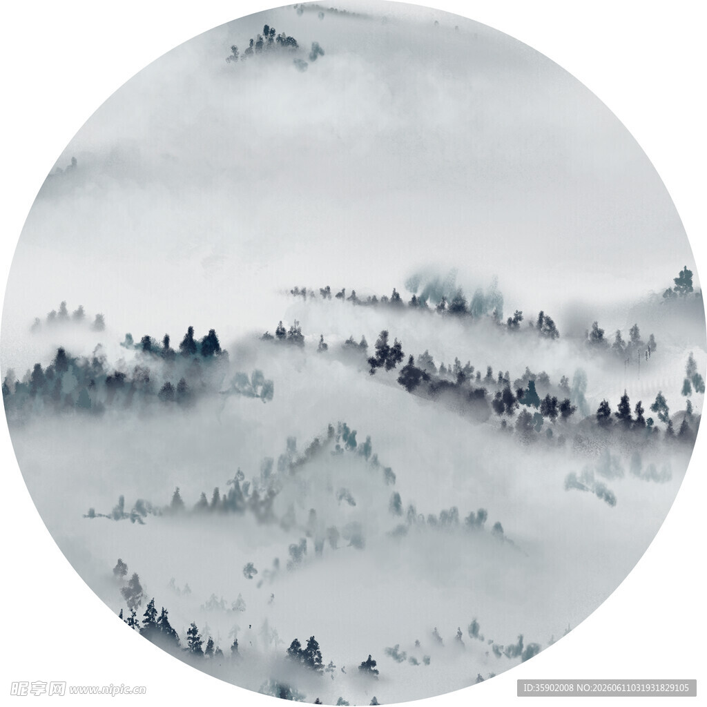 水墨山水圆形写意画景