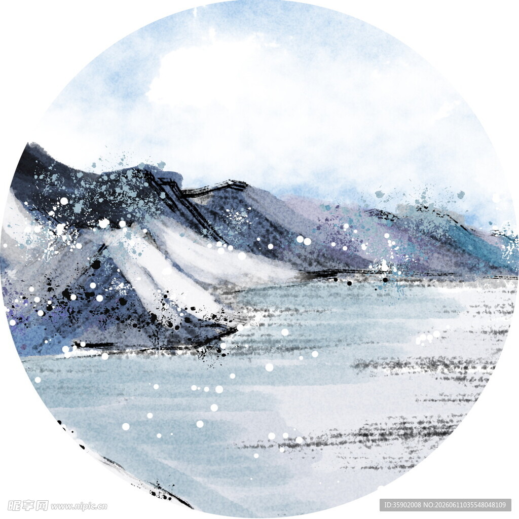 冬日雪景山水水墨画