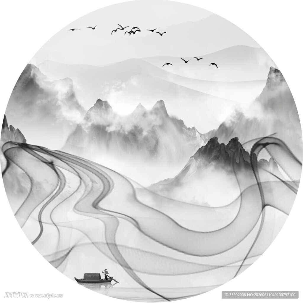 水墨山水意境圆景图