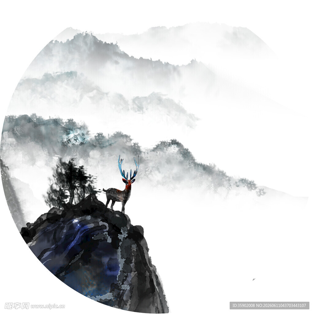 山巅灵鹿水墨意境之景