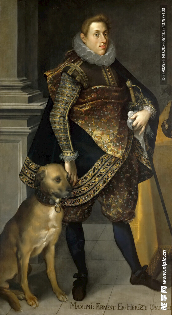 身着华丽服饰的人与猎犬