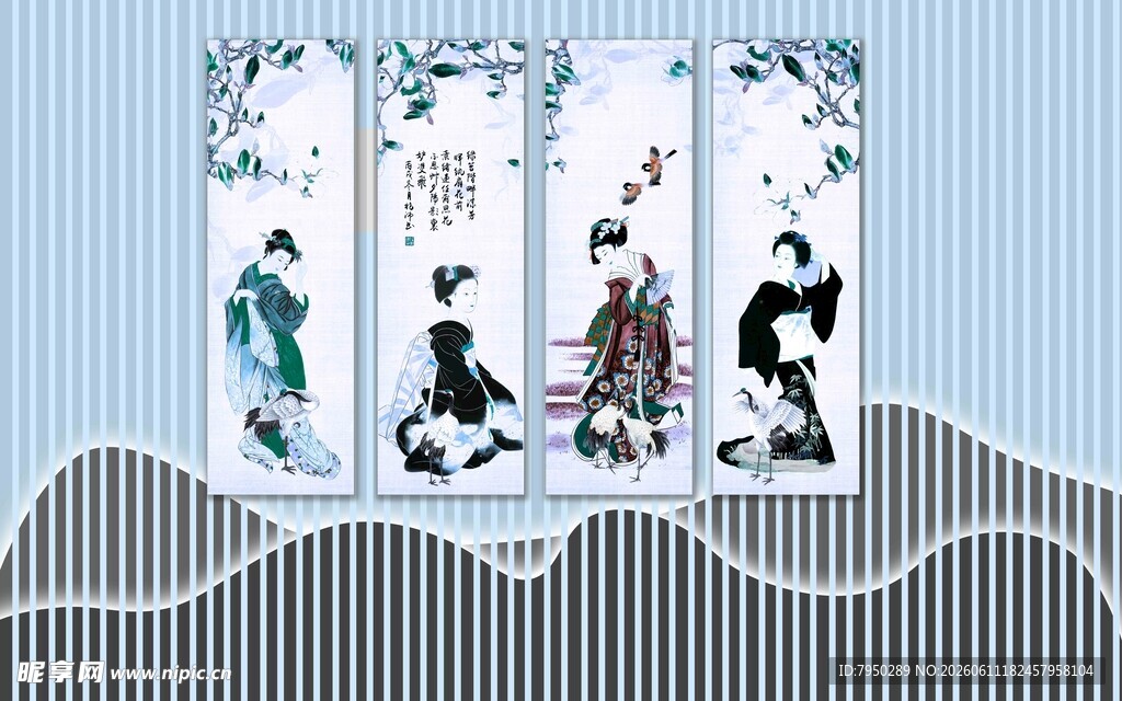 中式古风人物屏风插画