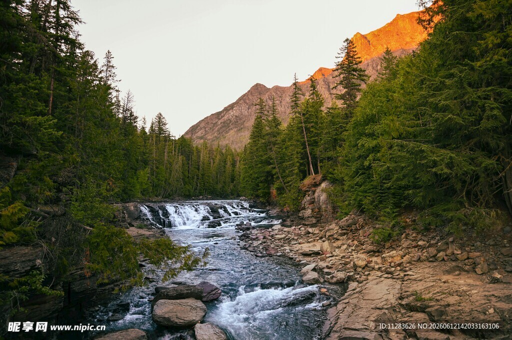 山间溪流穿林而过的美景