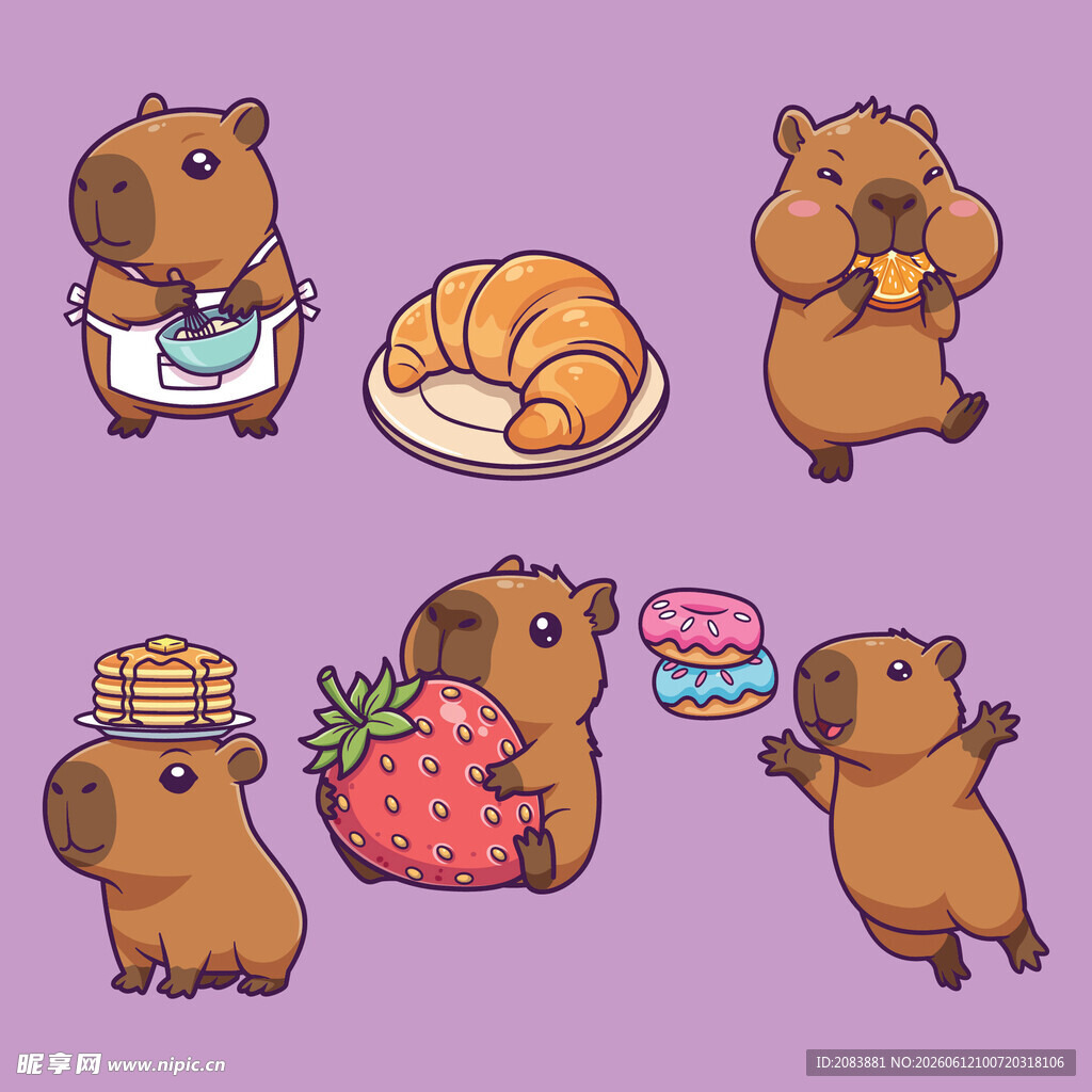 水豚与美食的可爱插画