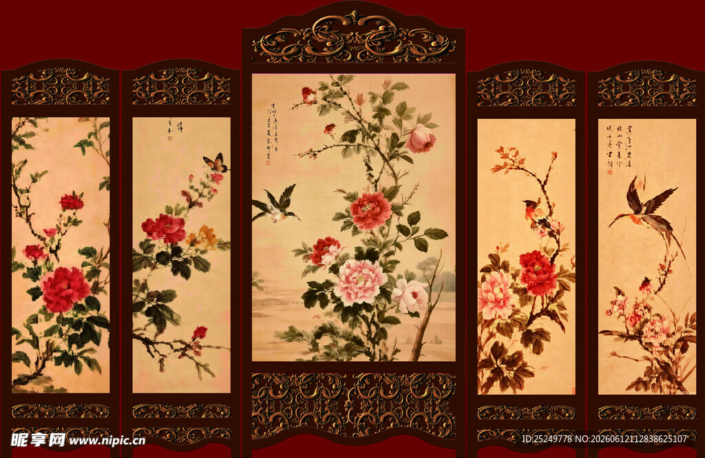中式花鸟屏风背景