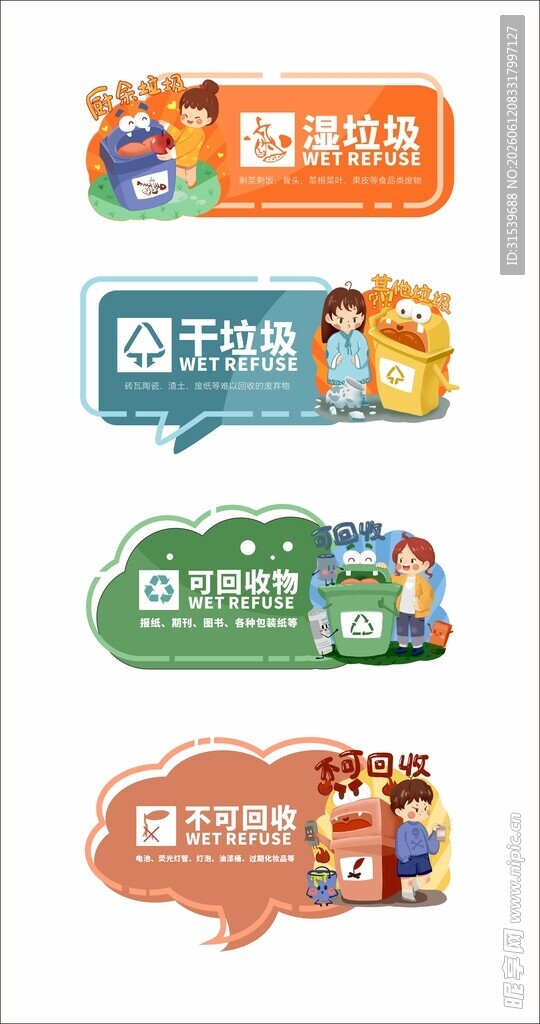 垃圾分类卡通人物温馨提示牌