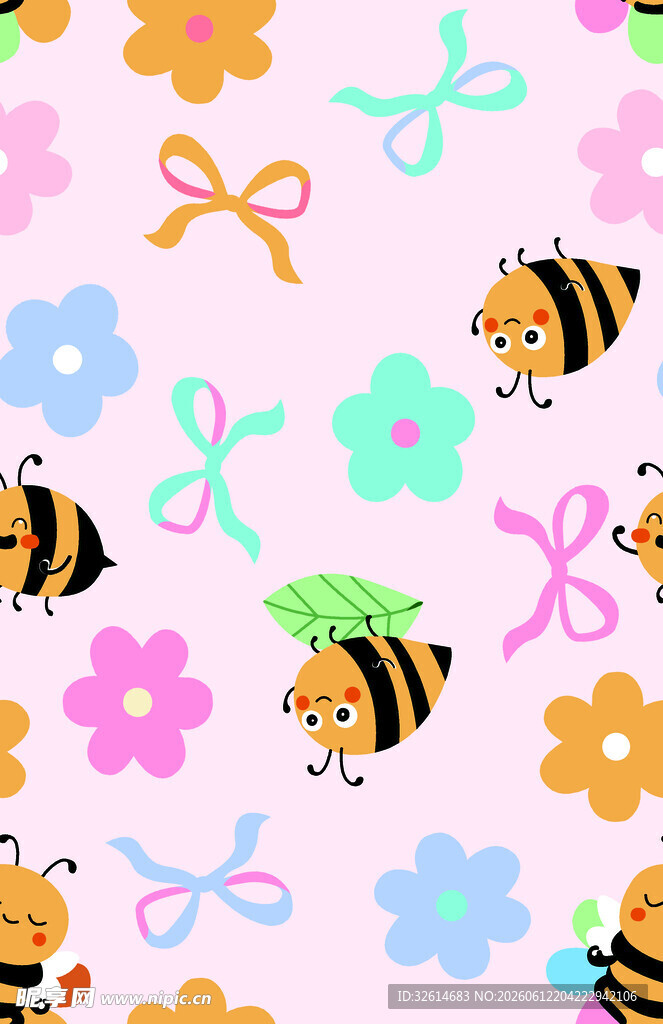 可爱蜜蜂花朵粉色背景图