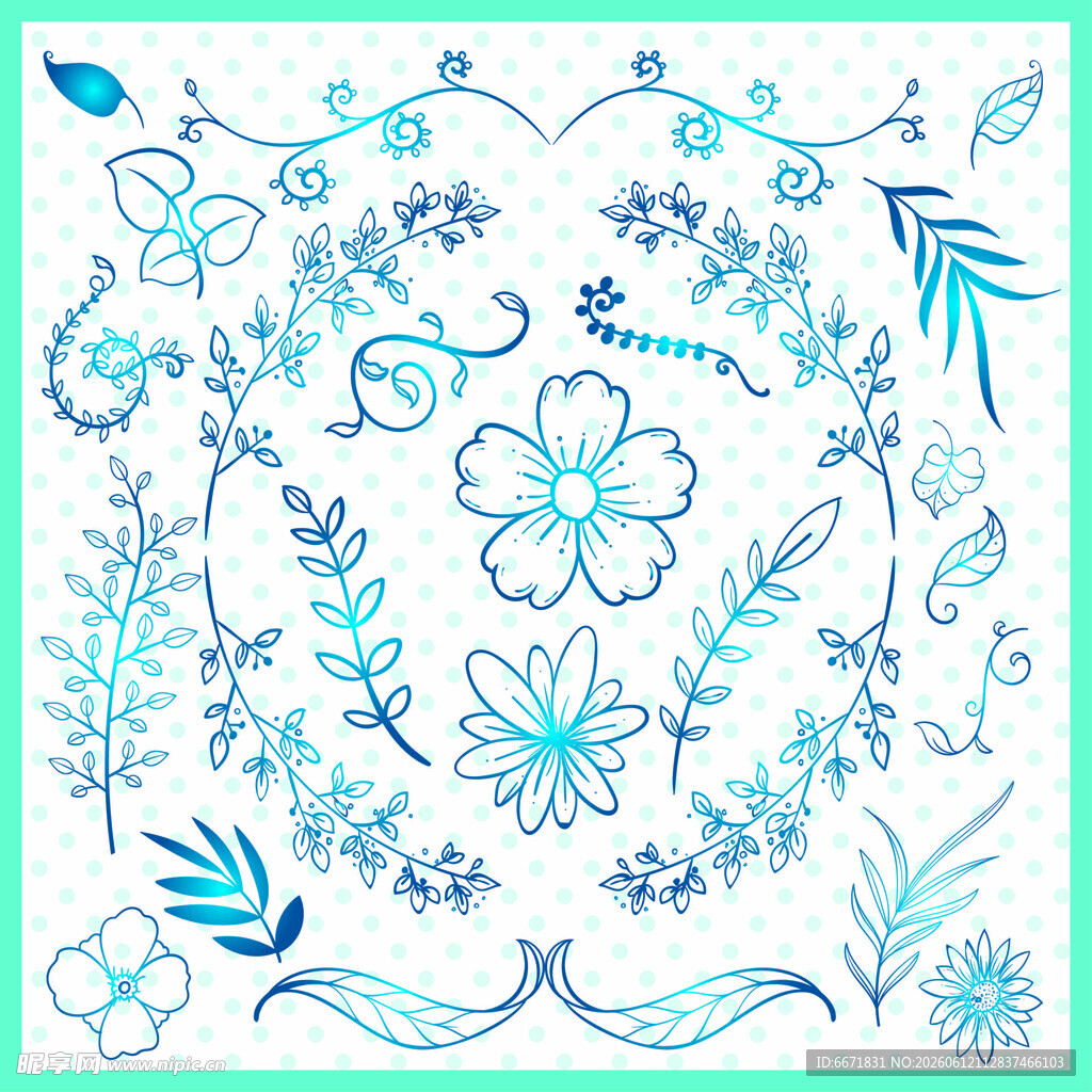 手绘蓝色花卉装饰图案