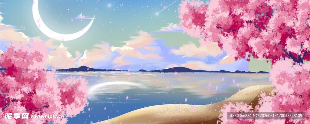 梦幻粉樱下的月夜湖景
