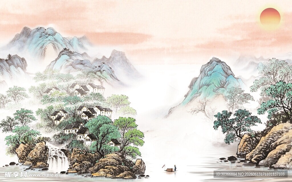 水墨山水间的日出美景