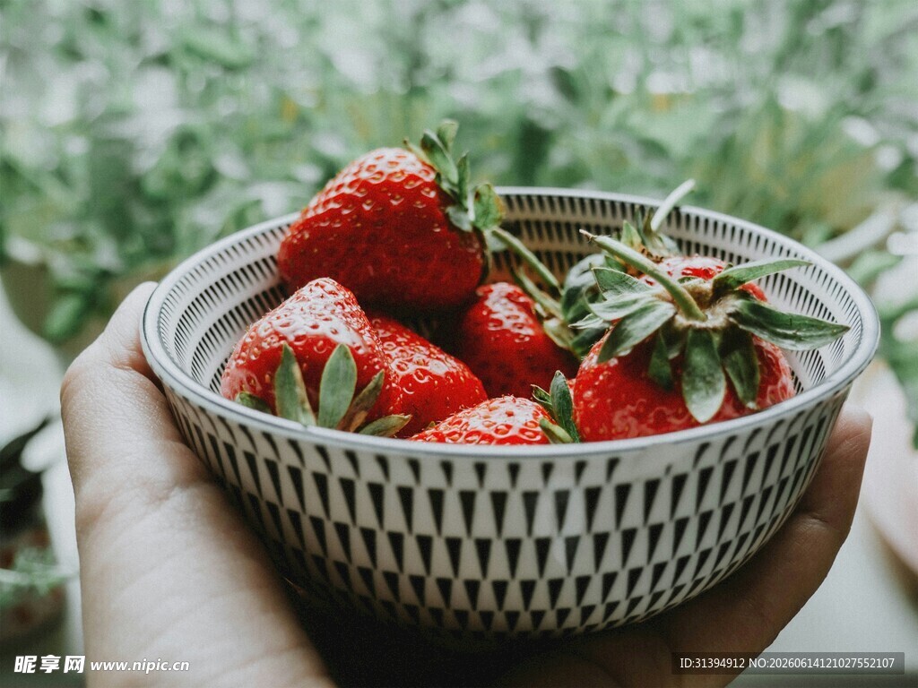 手捧一篮新鲜红嫩草莓