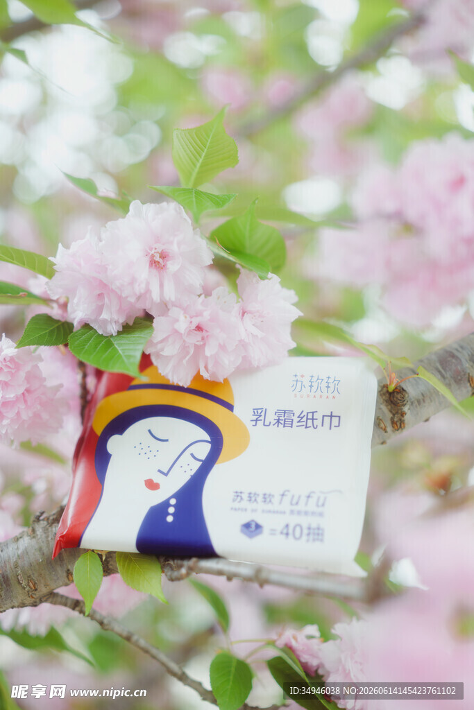 樱花丛中的创意美妆产品