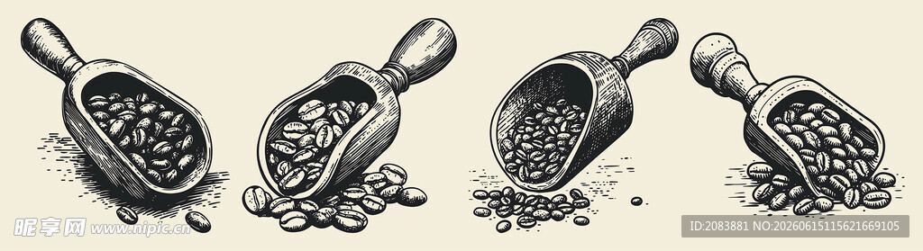 手绘素描复古咖啡豆和勺子