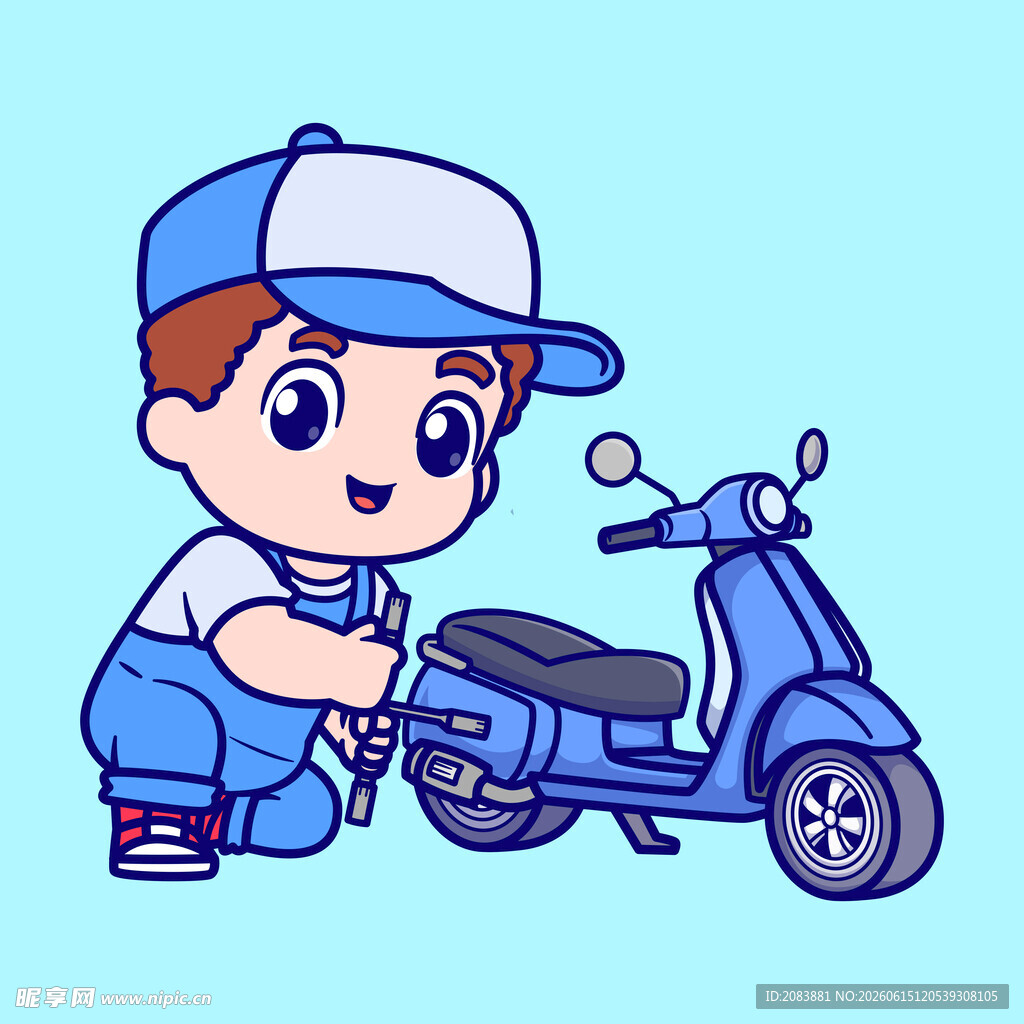 男孩修理蓝色小摩托