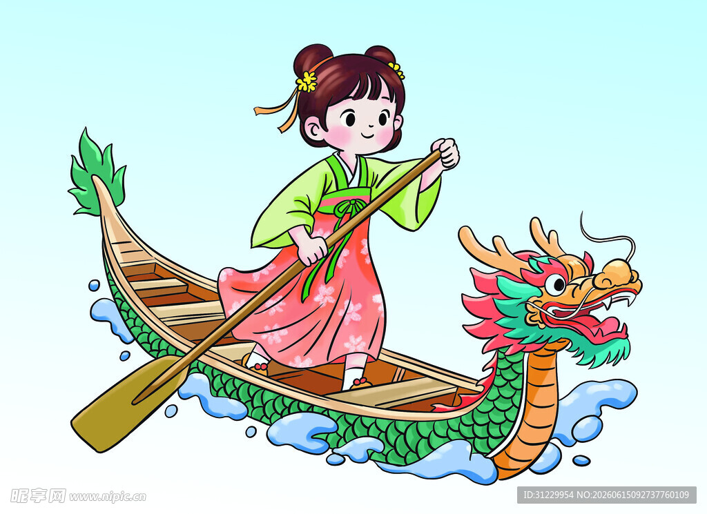 少女乘龙舟欢乐竞渡