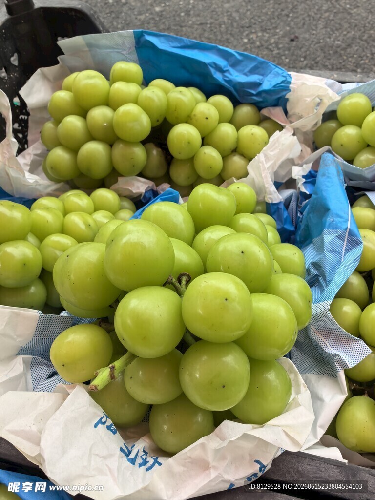 新鲜青葡萄堆放在一起