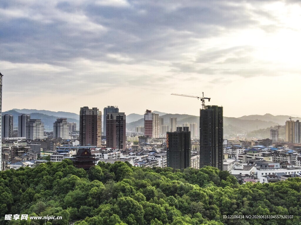 城市天际线与葱郁森林景观