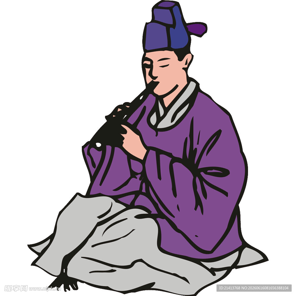 古代男子吹奏竹笛图