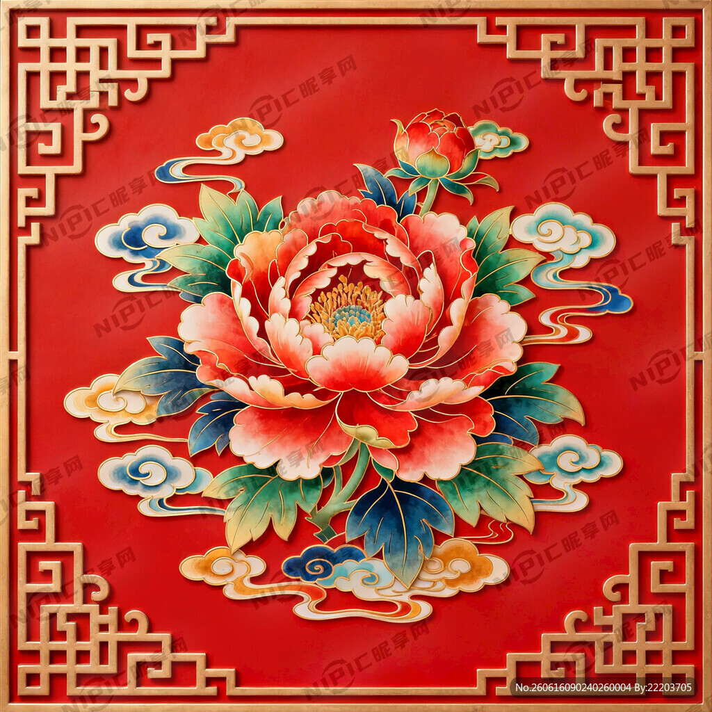 有中式边框 有牡丹花 有祥云