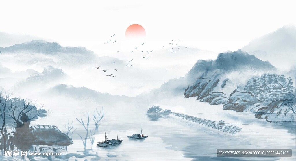 水墨山水间的日出美景