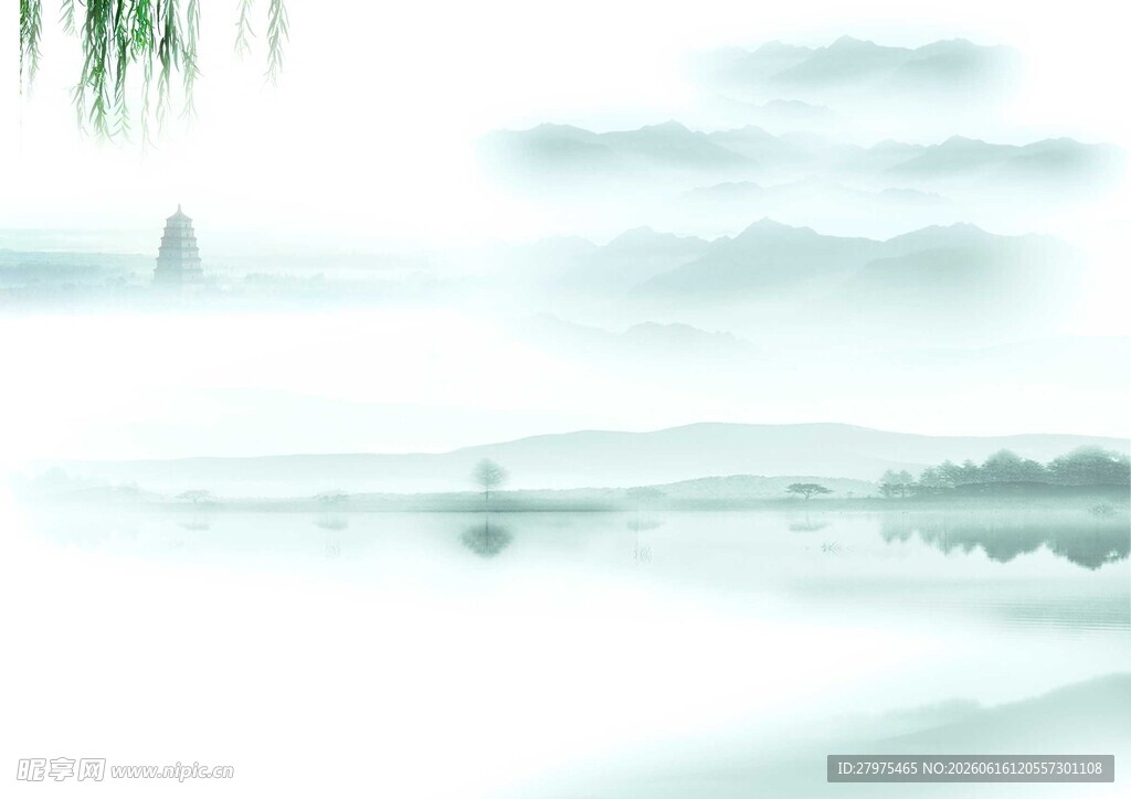 水墨江南湖景图