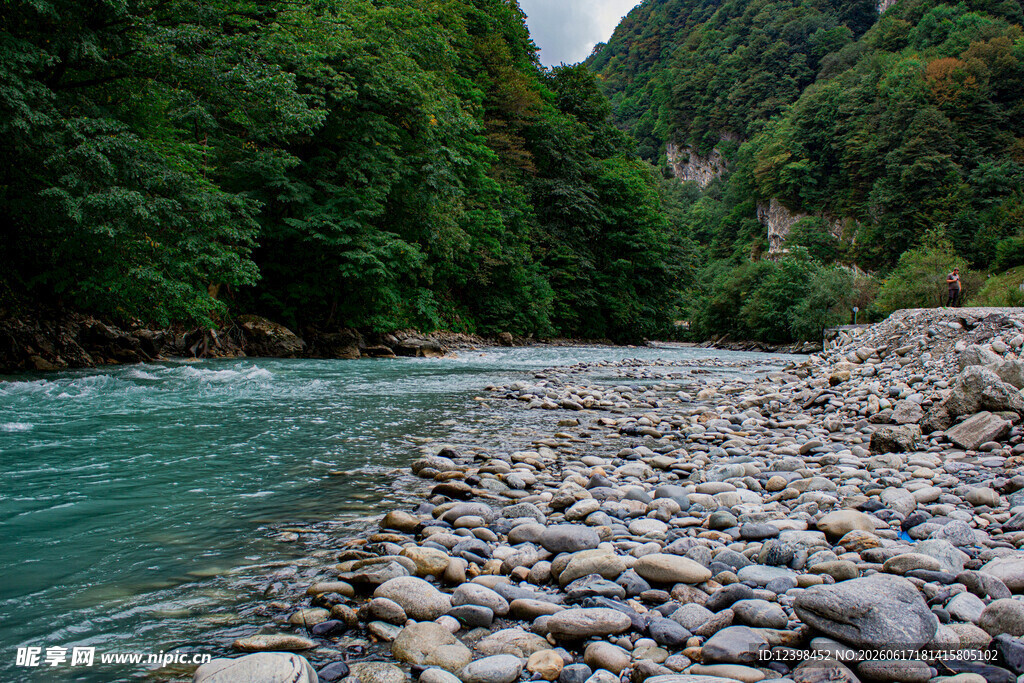 山间溪流旁的鹅卵石河岸