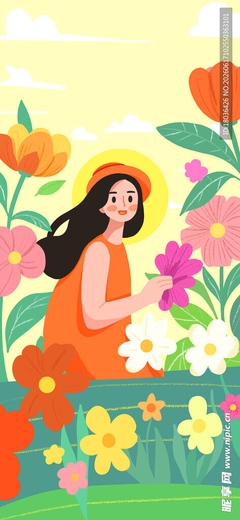 花丛中漫步的女子手绘插画