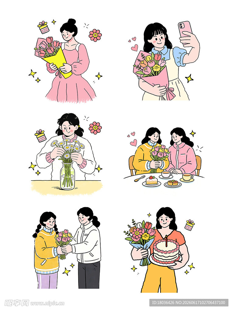 女性与鲜花日常温馨场景插画