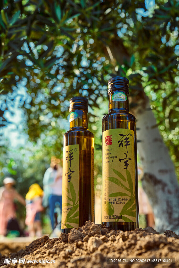 户外土堆旁的几瓶橄榄油
