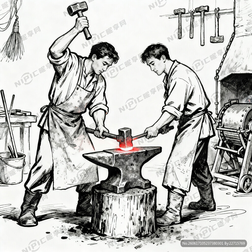 打铁铺2人打铁匠线描