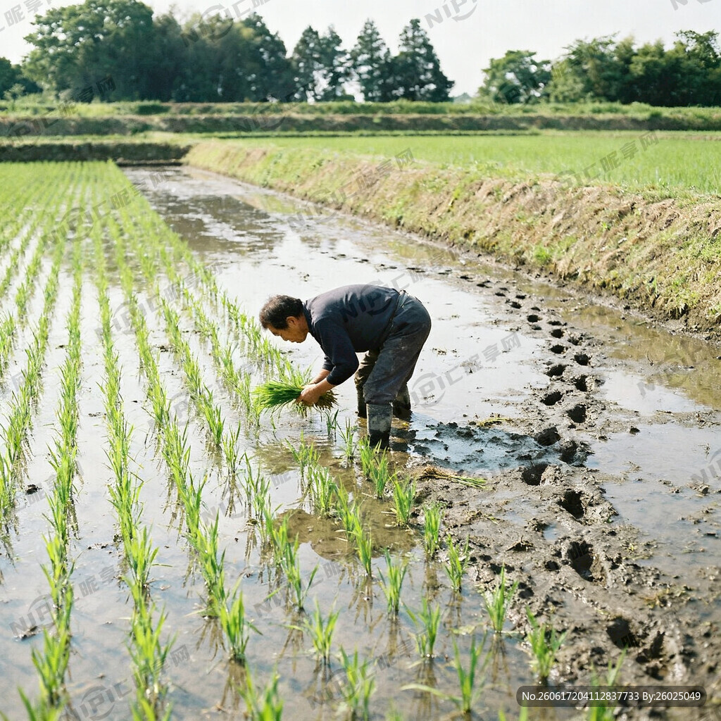 田野 农民 劳作 插秧 田埂