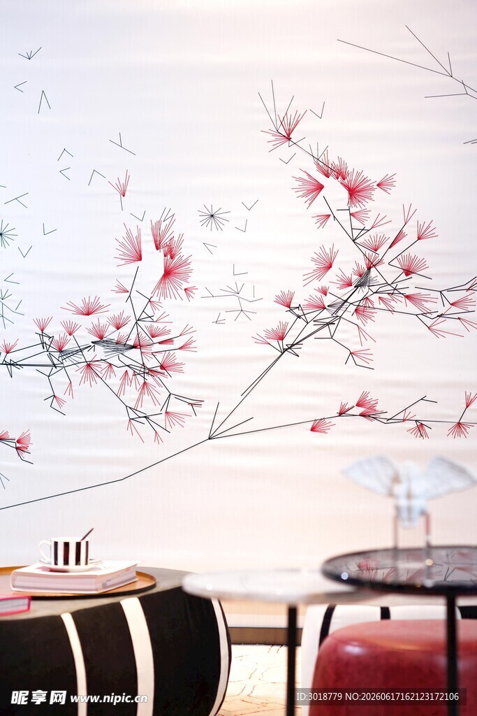 中式桃花墙饰室内场景