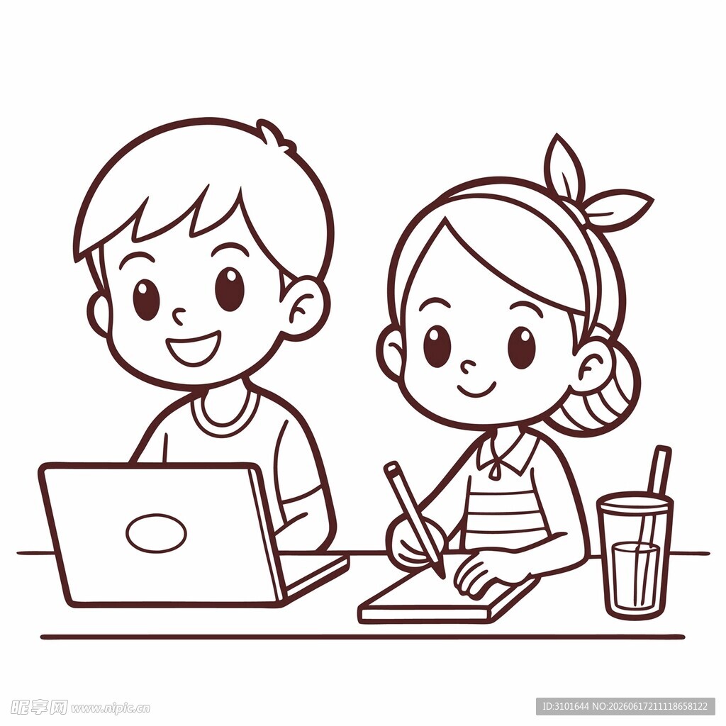 男孩女孩做作业卡通