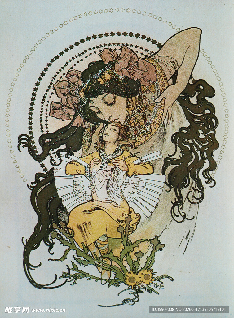 奇幻少女与黑猫花卉插画