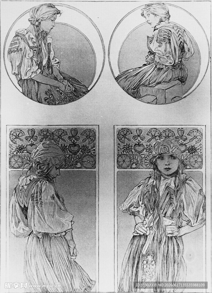 复古风格女性人物素描作品