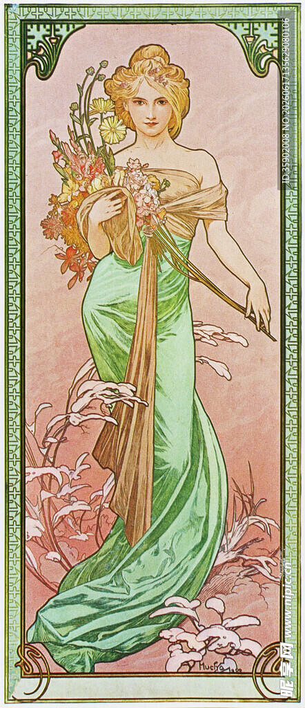 古典仙女手持竖琴插画