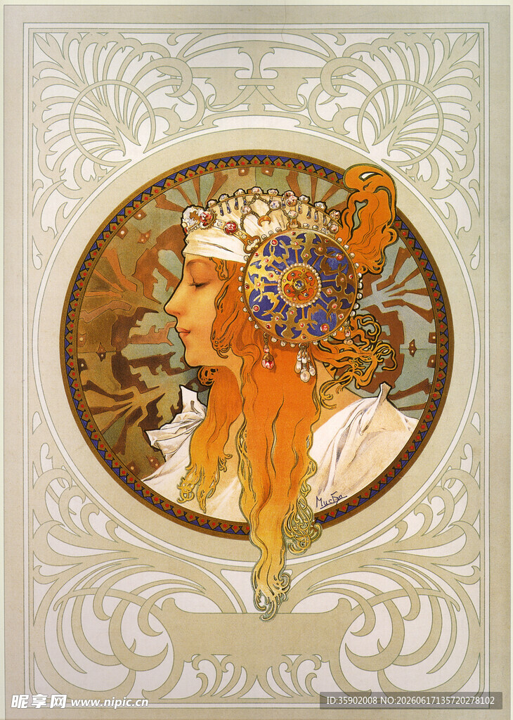 阿尔丰斯穆夏风格花卉插画