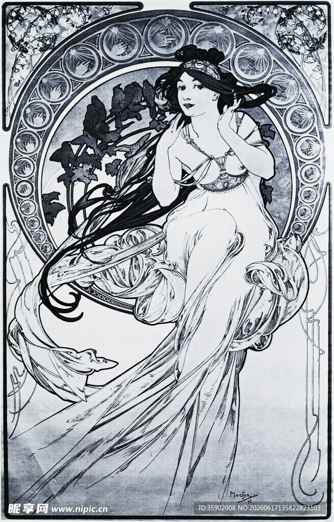 复古优雅女子吹笛插画