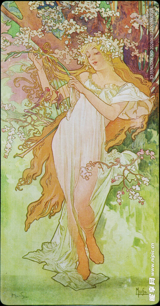 穆夏风格仙女花卉插画