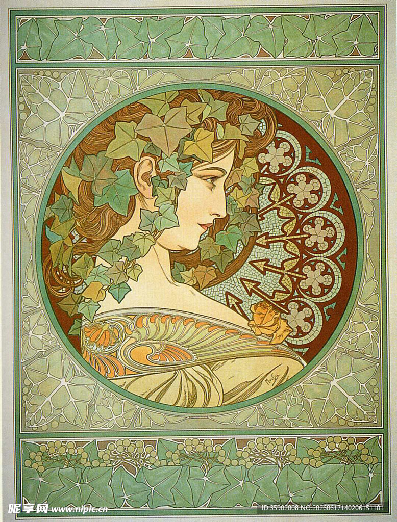阿尔丰斯穆夏风格女性画作