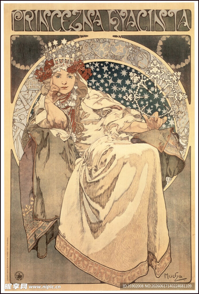 穆夏风格艺术插画中的女子